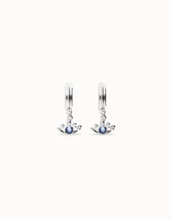 Pendientes de aro bañados en plata de ley con forma ojo y cristal facetado azul