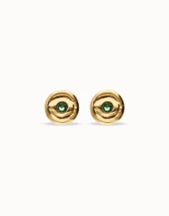 Pendientes de botón bañados en oro 18k con cristal facetado verde