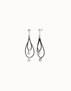 Pendientes de cuero largo doble con detalle de esfera bañada en plata de ley