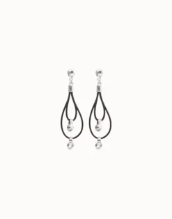 Pendientes de cuero largo doble con detalle de esfera bañada en plata de ley