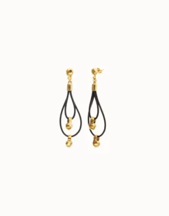 Pendientes de cuero largo doble con detalle de esfera bañado en oro 18k