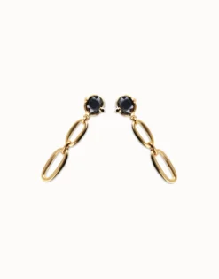 Pendientes largos bañados en oro 18k con cristal facetado negro y eslabones