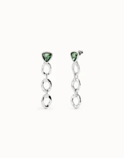 Pendientes largos con eslabones y cristal verde triangular