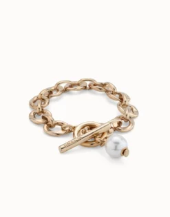 Pulsera bañada en oro 18k con eslabones y charm de perla
