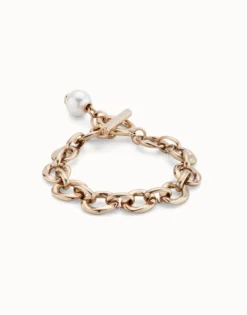 Pulsera bañada en oro 18k con eslabones y charm de perla