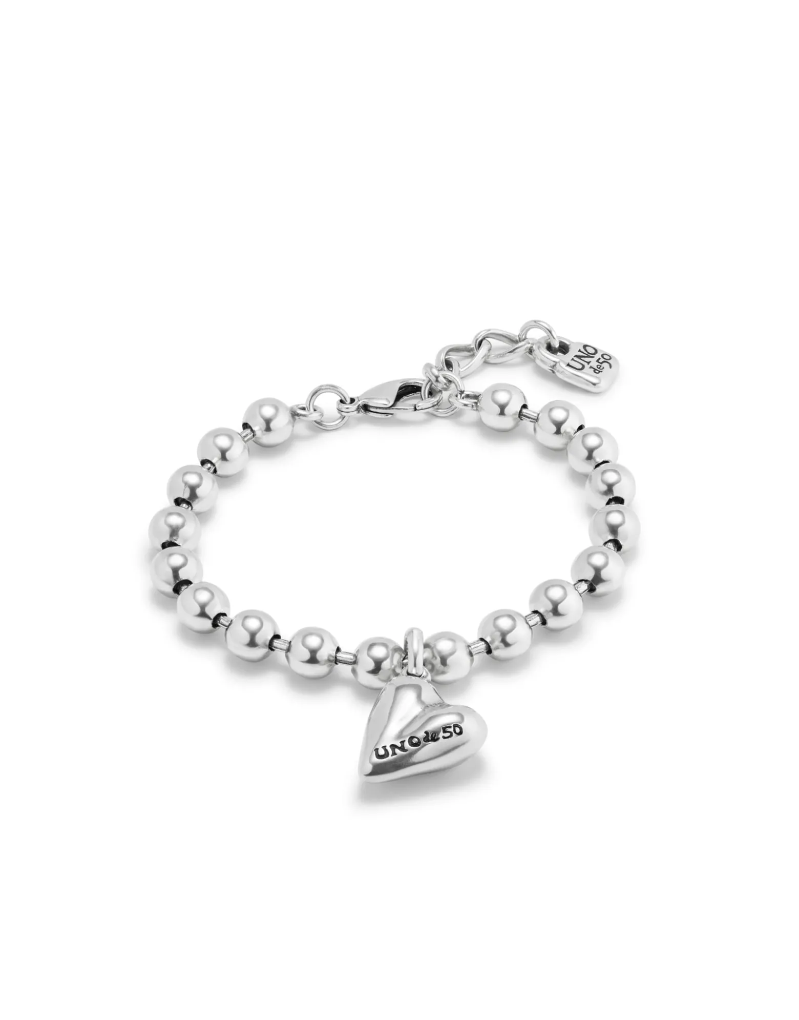 Pulsera bañada en plata de ley con bolas y charm de corazón
