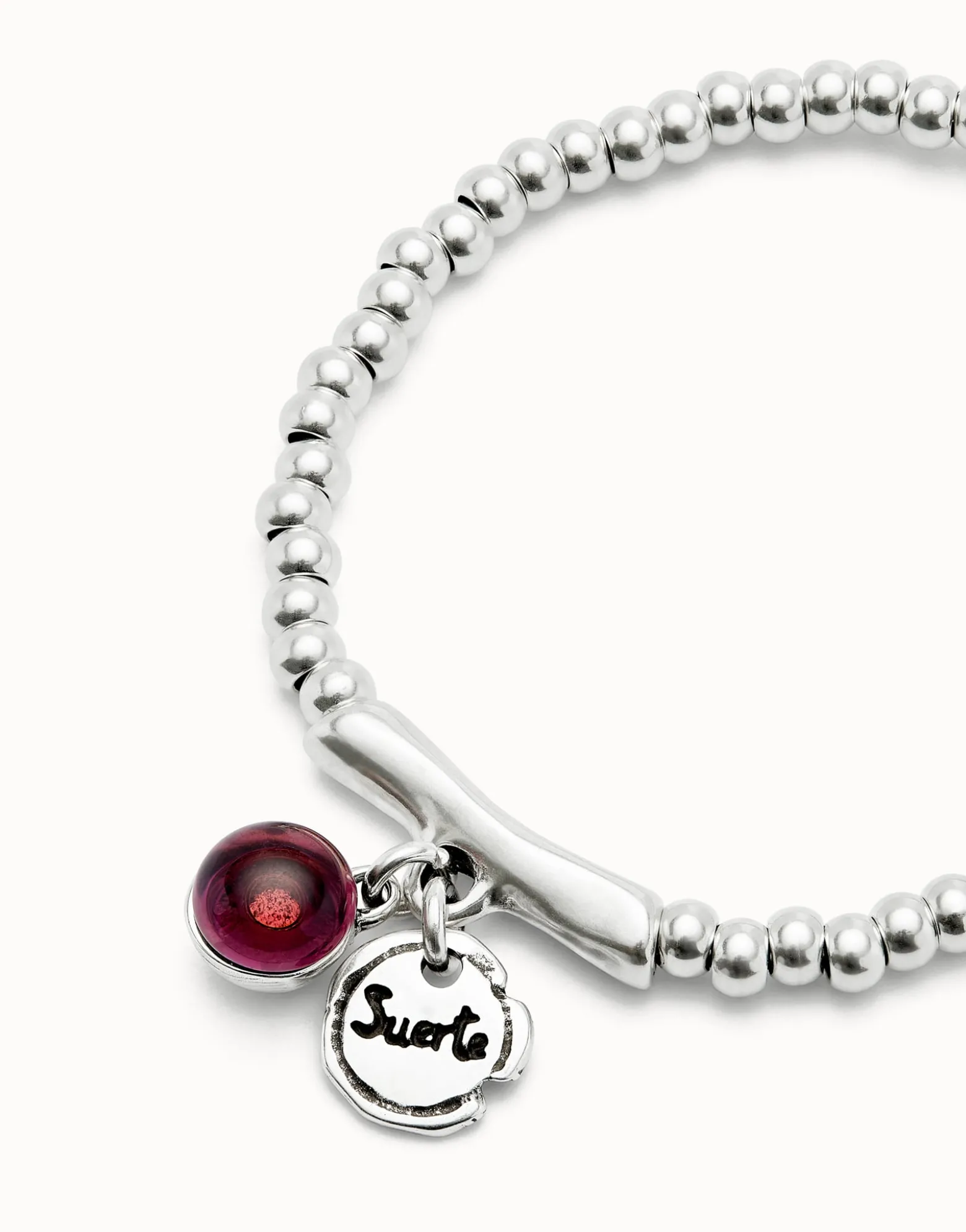 Pulsera bañada en plata de ley, cristal de murano y palabra suerte