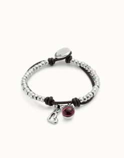 Pulsera bañada en plata de ley con cuero y cristal morado