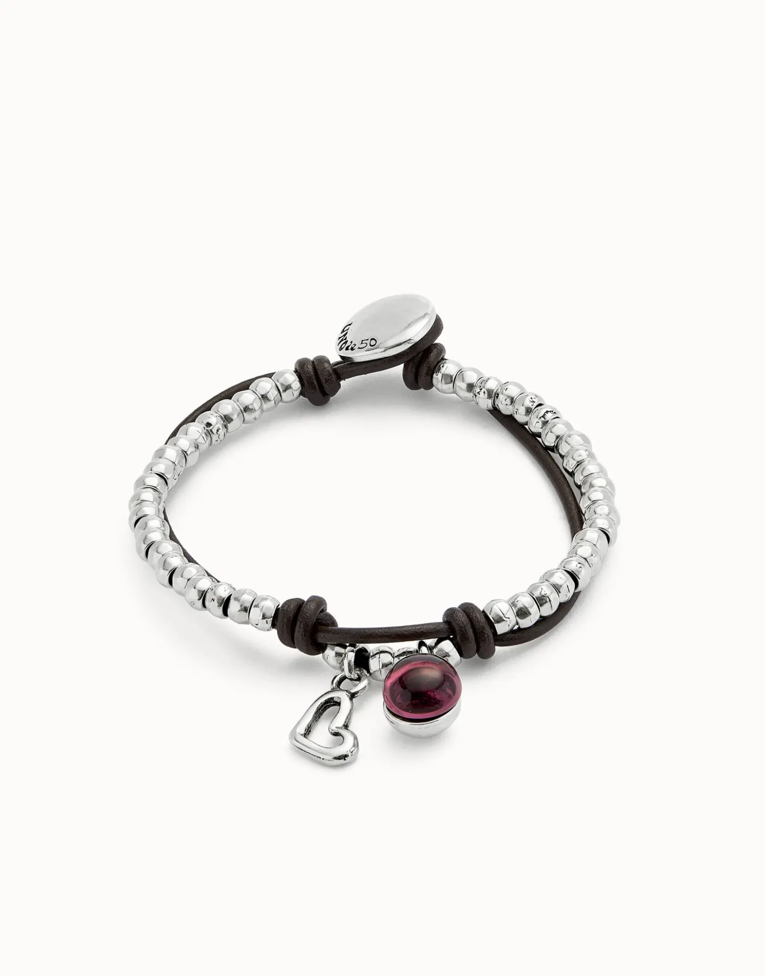 Pulsera bañada en plata de ley con cuero y cristal morado