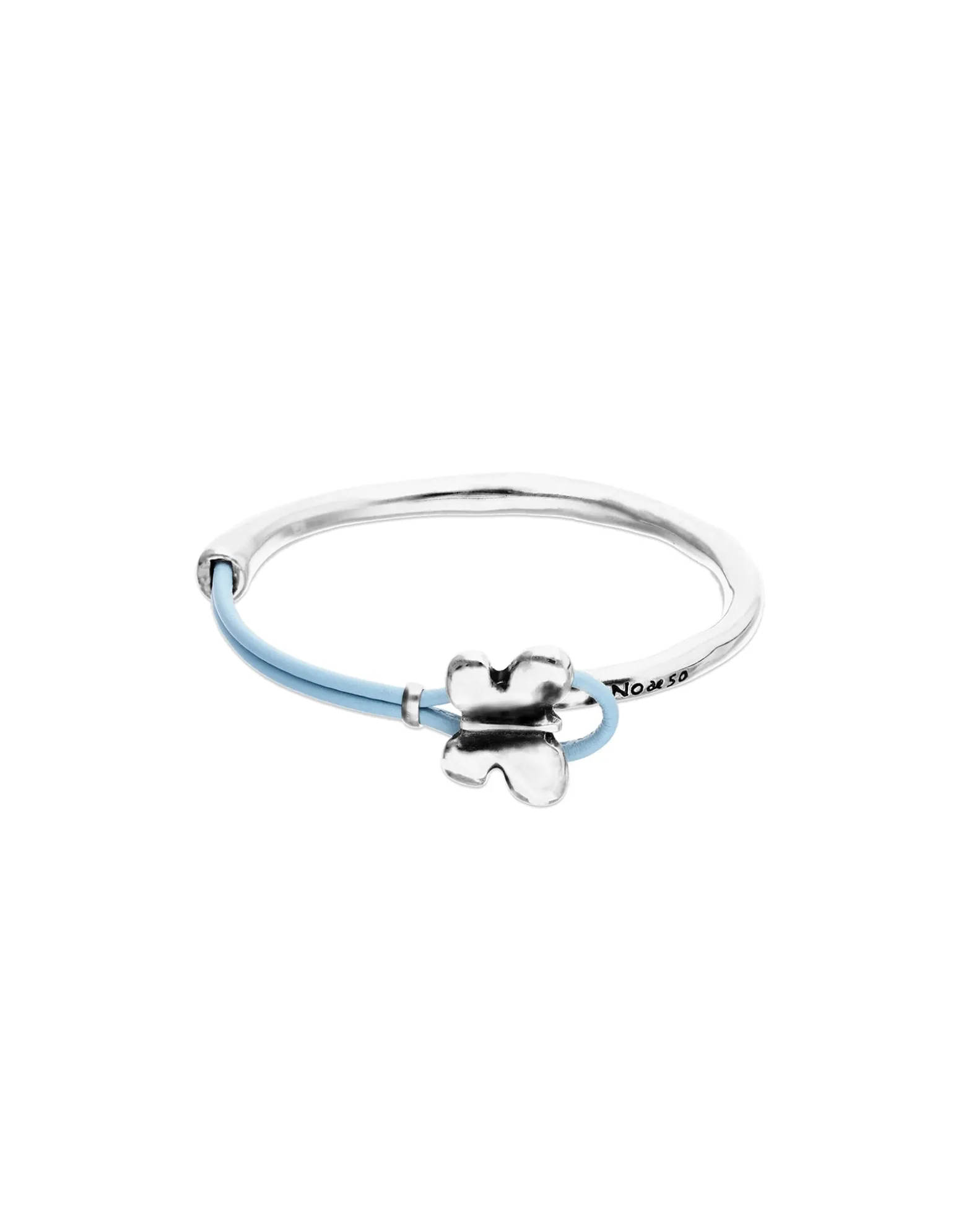 Pulsera combinada en cuero azul y plata de ley con adorno de mariposa