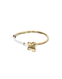 Pulsera combinada en cuero crema y oro 18k con adorno de mariposa