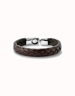 Pulsera cuero trenzada color coñac bañada en plata de ley