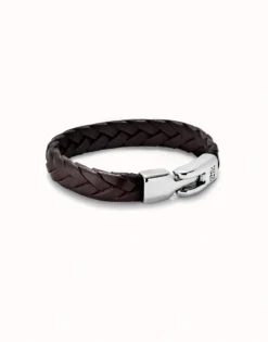 Pulsera cuero trenzada color coñac bañada en plata de ley