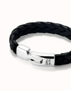 Pulsera cuero trenzada color negro bañada en plata de ley