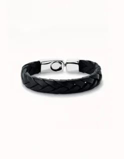 Pulsera cuero trenzada color negro bañada en plata de ley