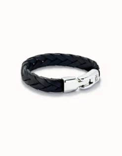Pulsera cuero trenzada color negro bañada en plata de ley