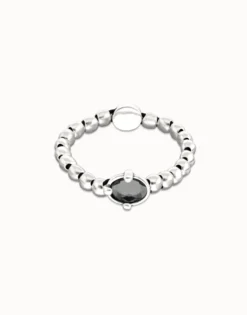 Pulsera de bolas bañada en plata con cristal facetado ovalado negro