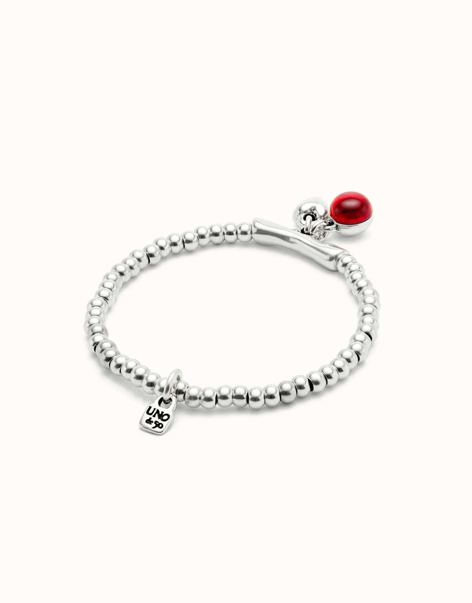 Pulsera de bolas bañadas en plata de ley y cristal de murano rojo