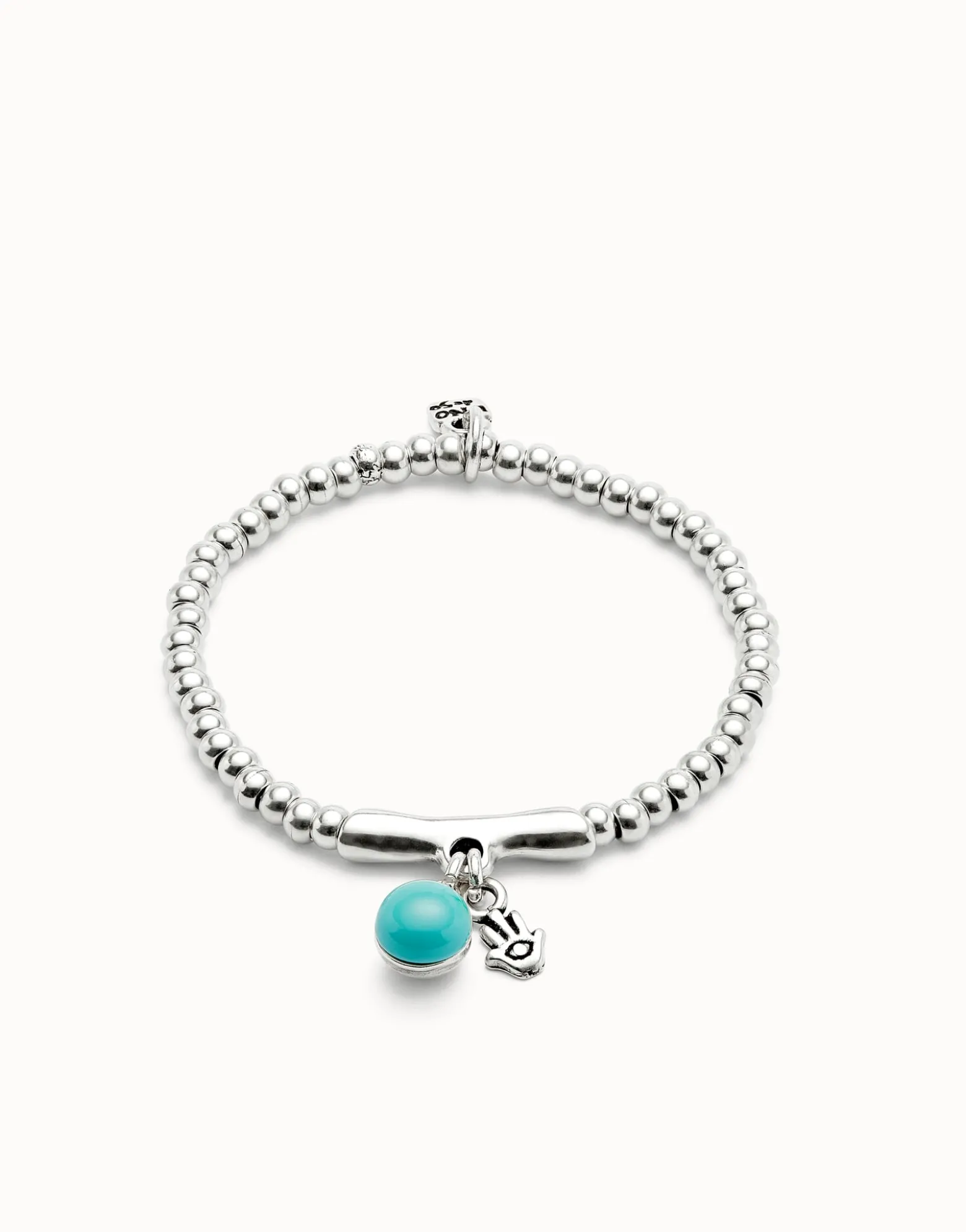 Pulsera de bolas bañadas en plata de ley con cristal de murano y mano de fátima