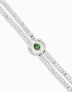 Pulsera de bolas doble bañada en plata de ley con detalle de ojo y cristal verde