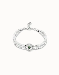 Pulsera de bolas doble bañada en plata de ley con detalle de ojo y cristal verde