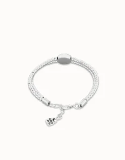 Pulsera de bolas doble bañada en plata de ley con detalle de ojo y cristal verde