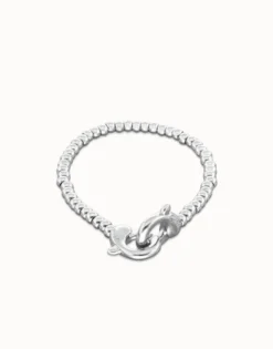 Pulsera de bolas pequeñas bañada en plata con mosquetón entrelazado