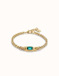 Pulsera de cadena bañada en oro 18k con cristal verde