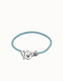 Pulsera de cuero azul con mosquetón entrelazado en plata