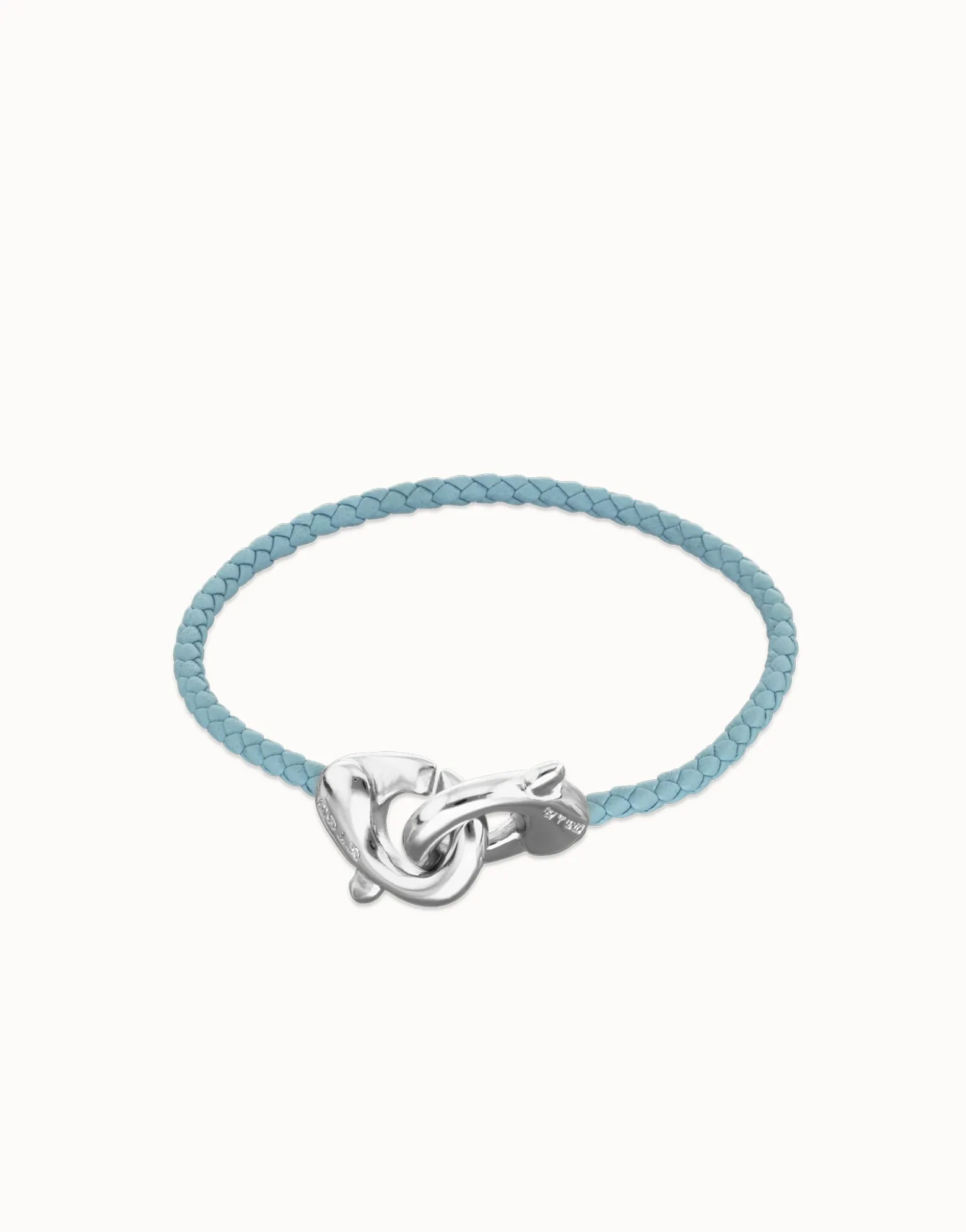 Pulsera de cuero azul con mosquetón entrelazado en plata