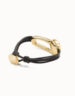 Pulsera de cuero bañada en oro 18k y cristal facetado negro