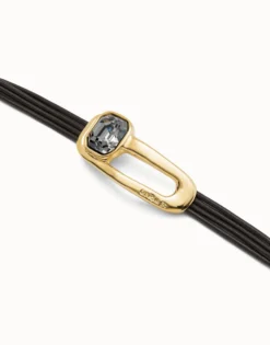 Pulsera de cuero bañada en oro 18k y cristal facetado negro
