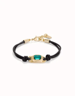 Pulsera de cuero bañada en oro 18k con cristal verde