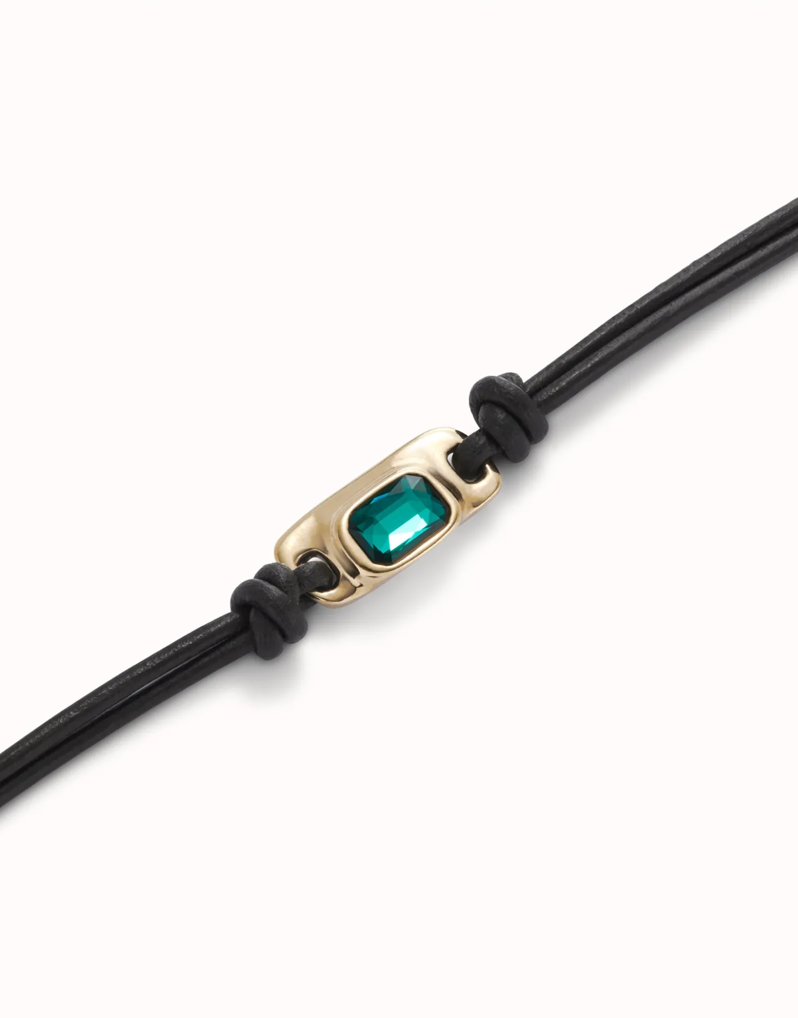 Pulsera de cuero bañada en oro 18k con cristal verde