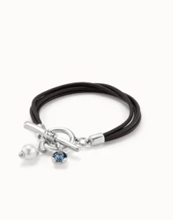 Pulsera de cuero bañada en plata de ley con charms