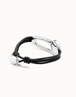 Pulsera de cuero bañada en plata de ley y cristal facetado negro