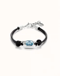 Pulsera de cuero bañada en plata de ley con cristal azul celeste