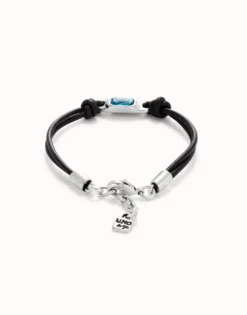 Pulsera de cuero bañada en plata de ley con cristal azul celeste