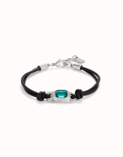 Pulsera de cuero bañada en plata de ley con cristal verde