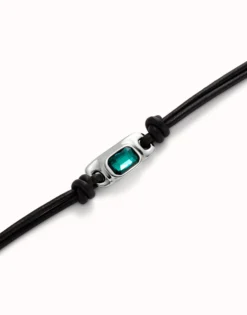 Pulsera de cuero bañada en plata de ley con cristal verde