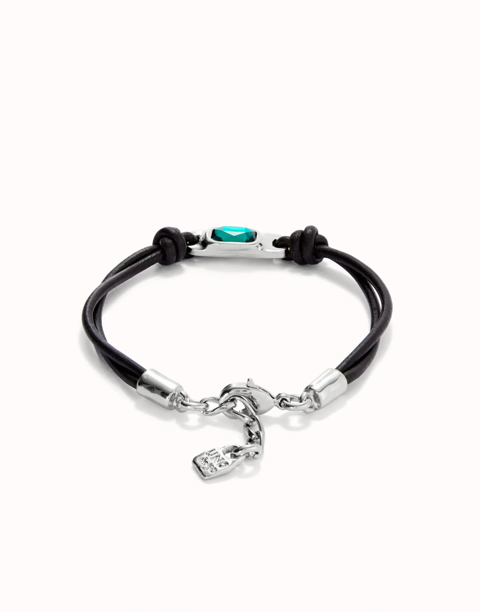 Pulsera de cuero bañada en plata de ley con cristal verde