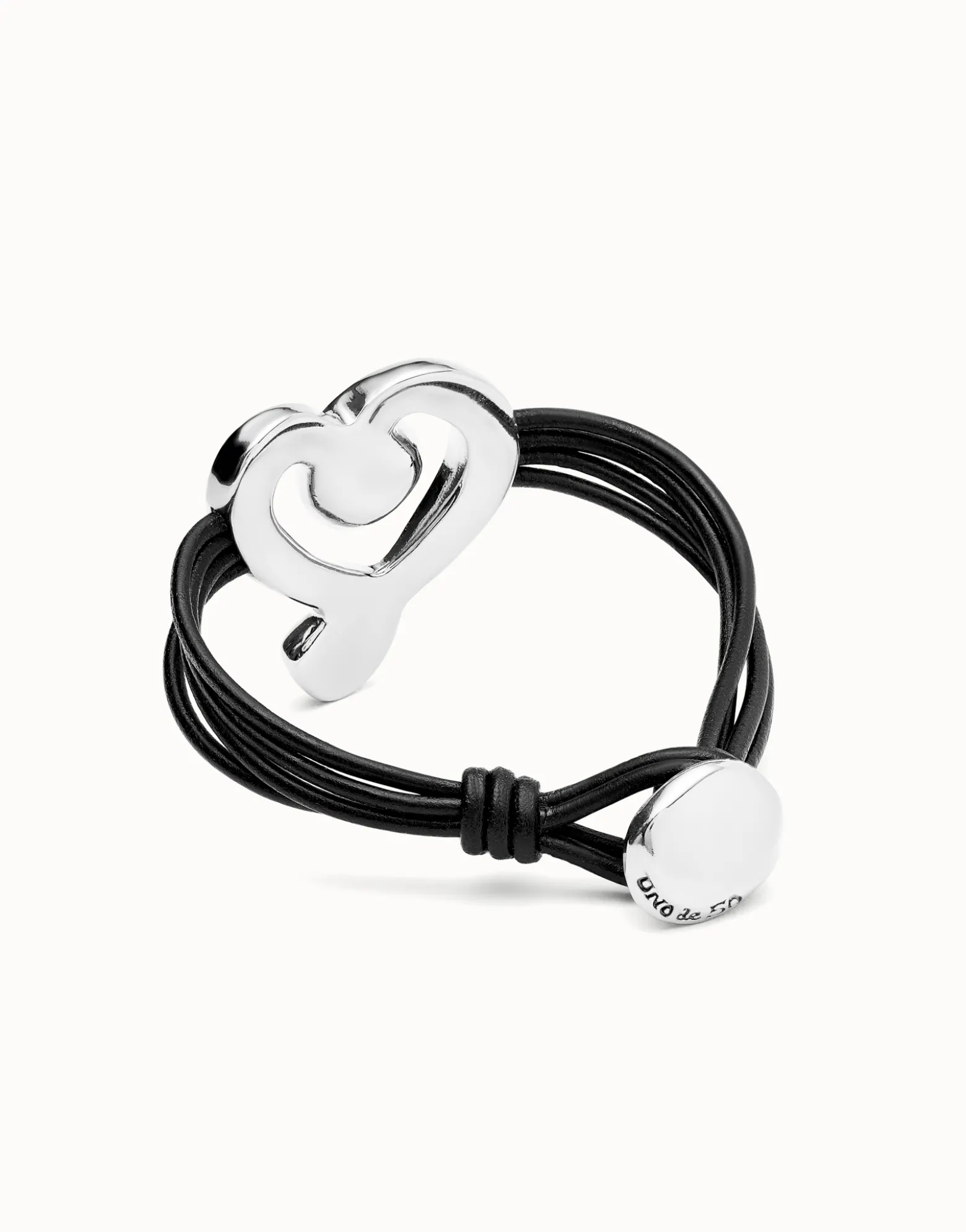 Pulsera de cuero con corazón bañado en plata de ley con cristal negro