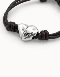 Pulsera de cuero con corazón bañada en plata de ley