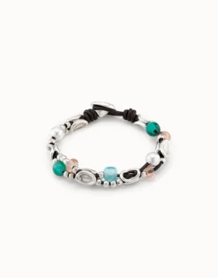 Pulsera de cuero con eslabones bañados en plata de ley y cristales artesales