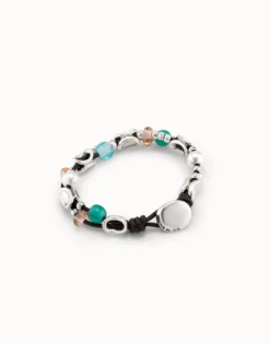 Pulsera de cuero con eslabones bañados en plata de ley y cristales artesales