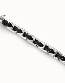 Pulsera de cuero con eslabones bañados en plata de ley