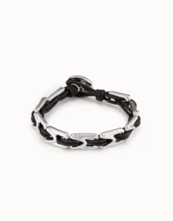 Pulsera de cuero con eslabones bañados en plata de ley