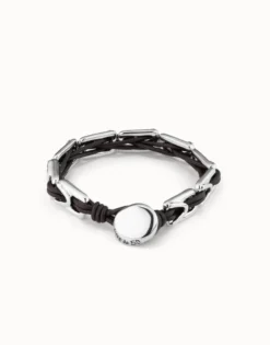 Pulsera de cuero con eslabones bañados en plata de ley