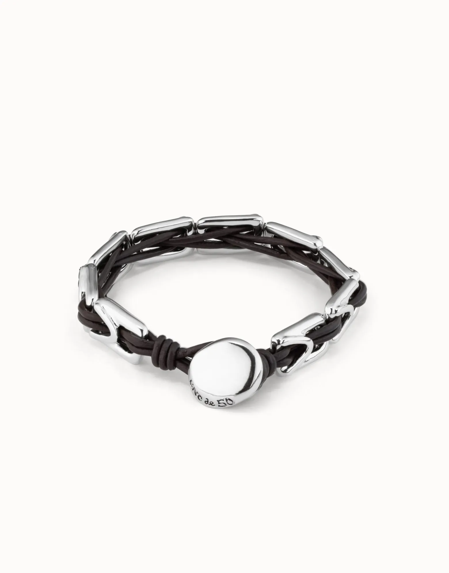 Pulsera de cuero con eslabones bañados en plata de ley