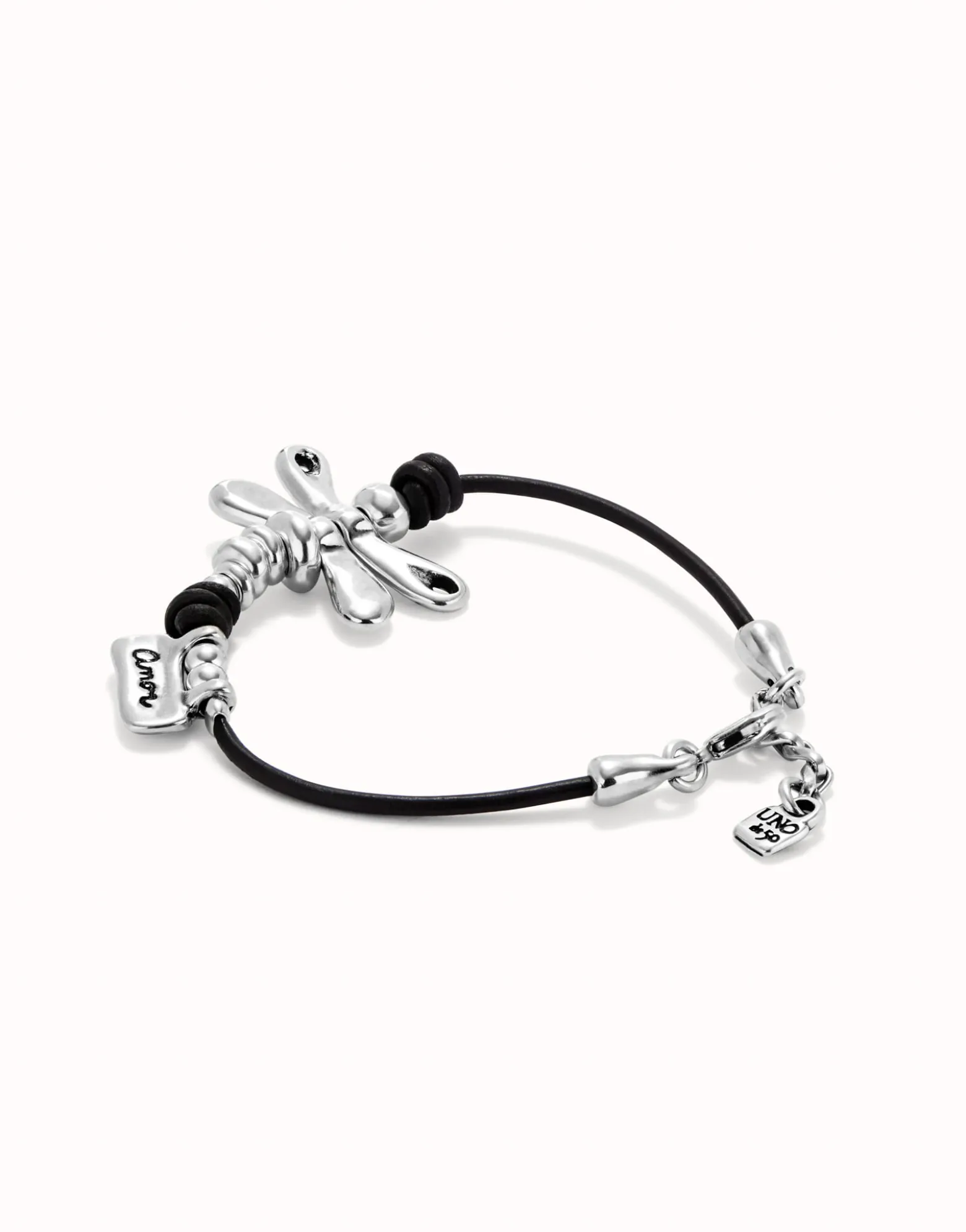 Pulsera de cuero con libélula bañado en plata de ley